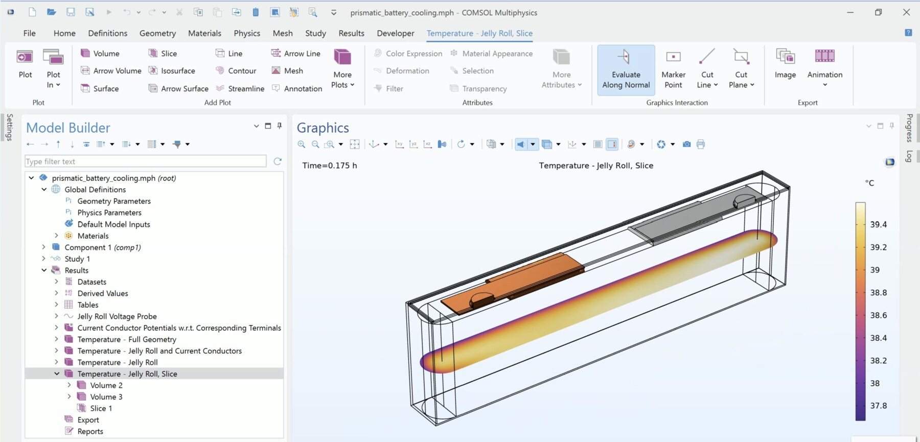COMSOL slice-view thermal simulation of a battery jelly roll